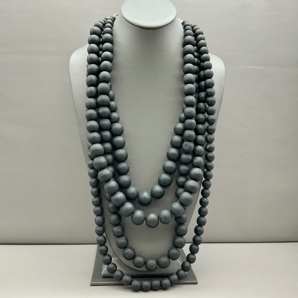 Chico's Necklace Black Wood Bead Multi Strand Layered Statement Gold Tone Boho